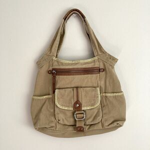 FOSSIL Key Per Beige Canvas Large Tote Bag Shoulder Bag Purse Leather Trim